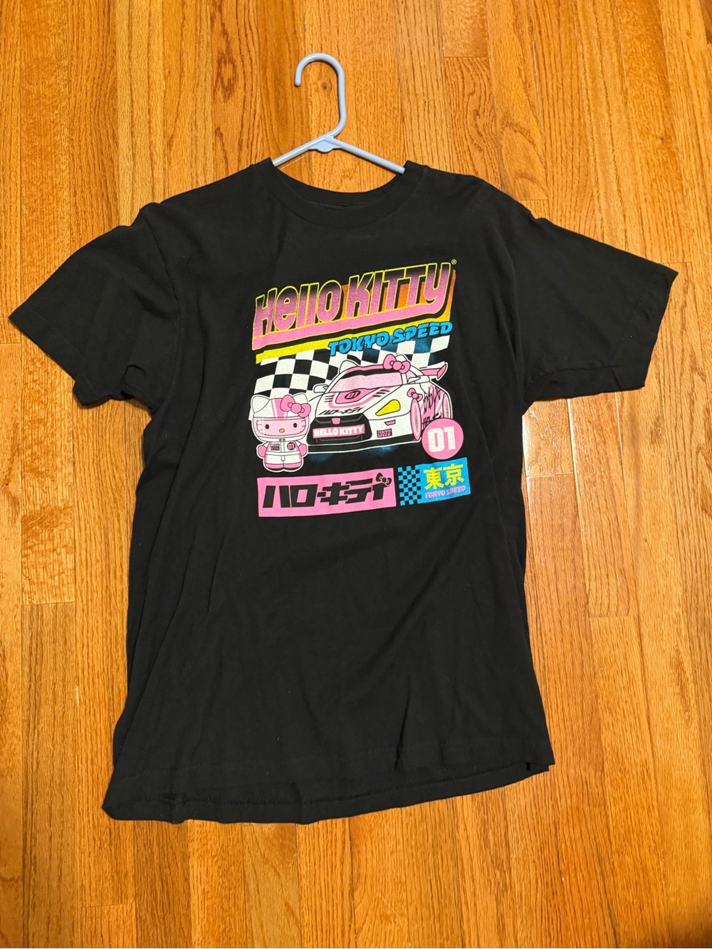 Hello Kitty Black Tee with Pink and Yellow Tokyo Speed Graphic